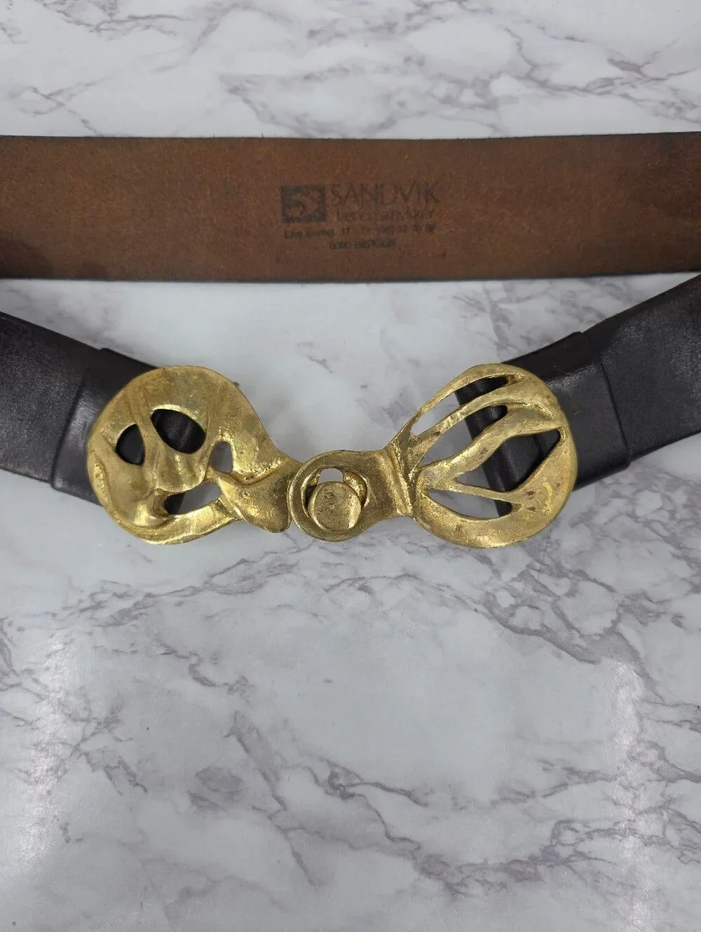 Vintage Deep Brown Leather Belt Gold Tone Brass Mod Brutalist Sculpted Buckles